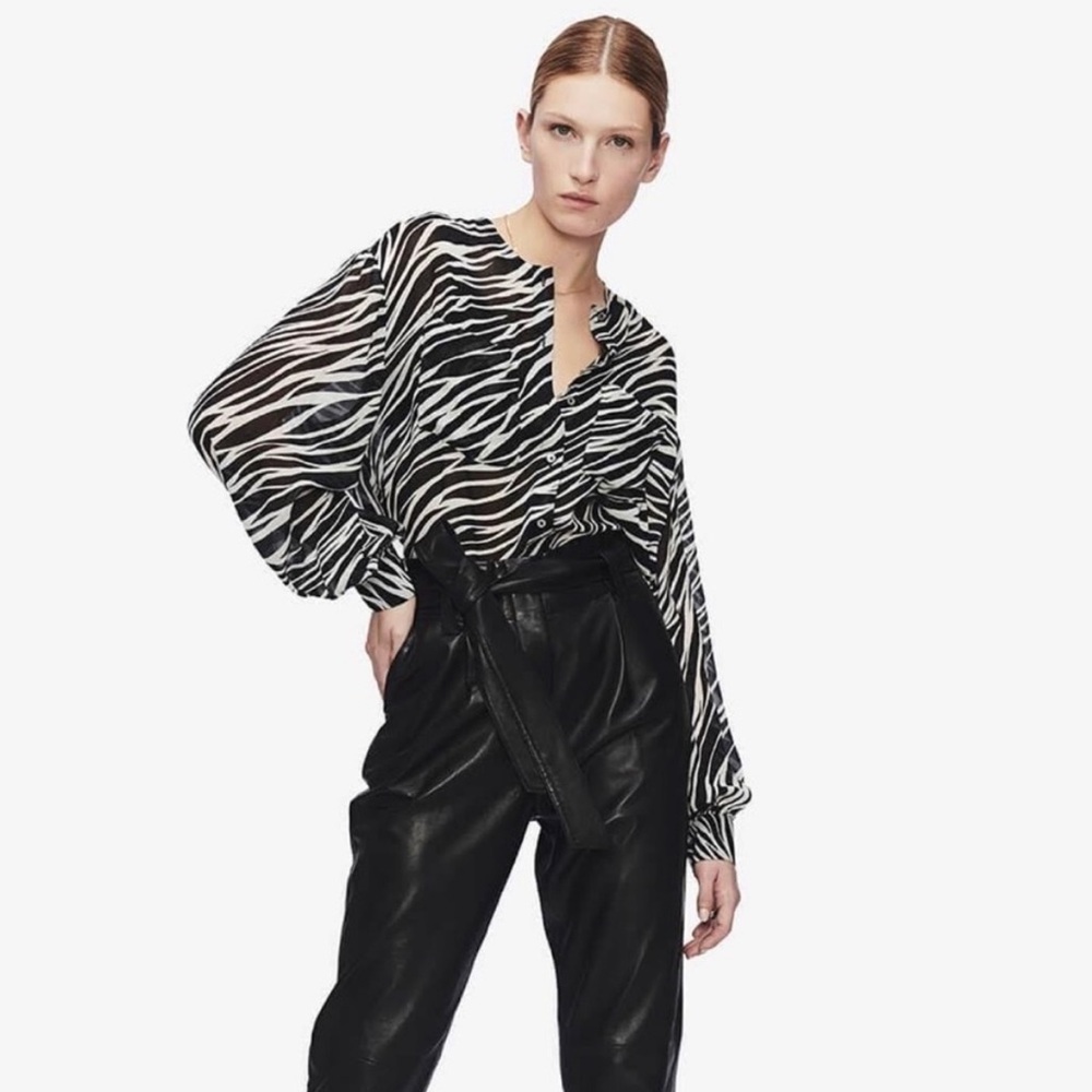 Anine Bing Silk Chiffon Zebra Print Arrow Long Sleeve Balloon Sleeve Blouse XL